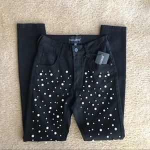 Frank Lyman Black Pearl Embellished Skinny Jeans S